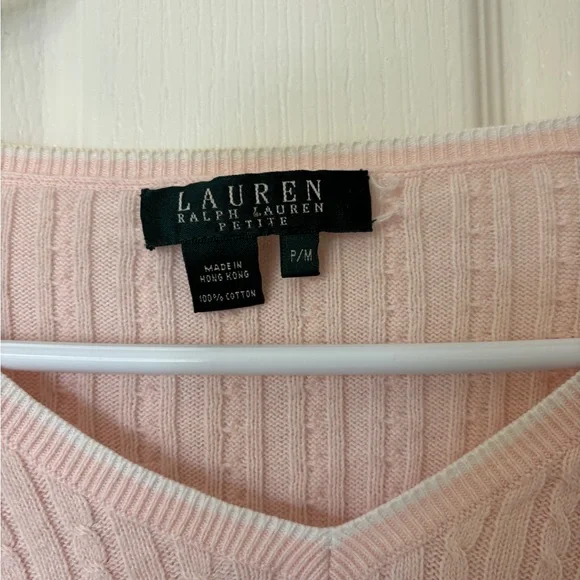 Ralph Lauren Blush Pink Cotton Ribbed V-Neck Sweater Petite Medium Feminine - Picture 4 of 13